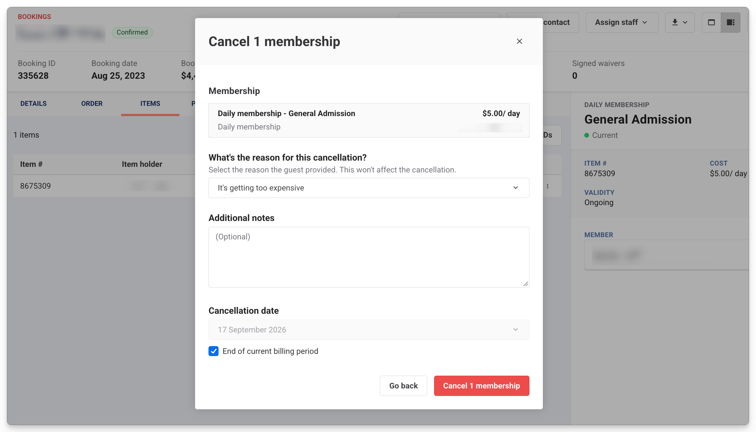Cancellation process for a daily membership with reason and date specified.